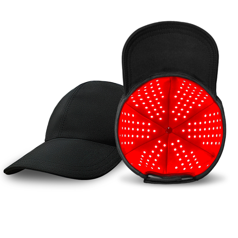 Black brimmed red light cap showing its exterior and illuminated inner LED lining