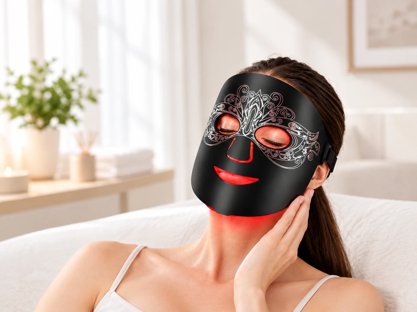 Red light therapy face masks 1 A woman wearing a black silicone LED face mask in a home setting