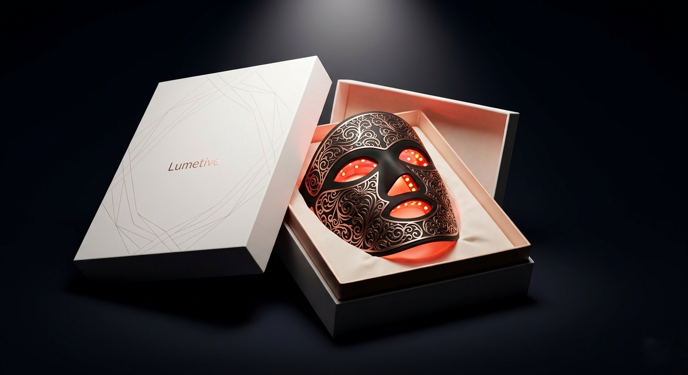 LED face mask displayed in its presentation box