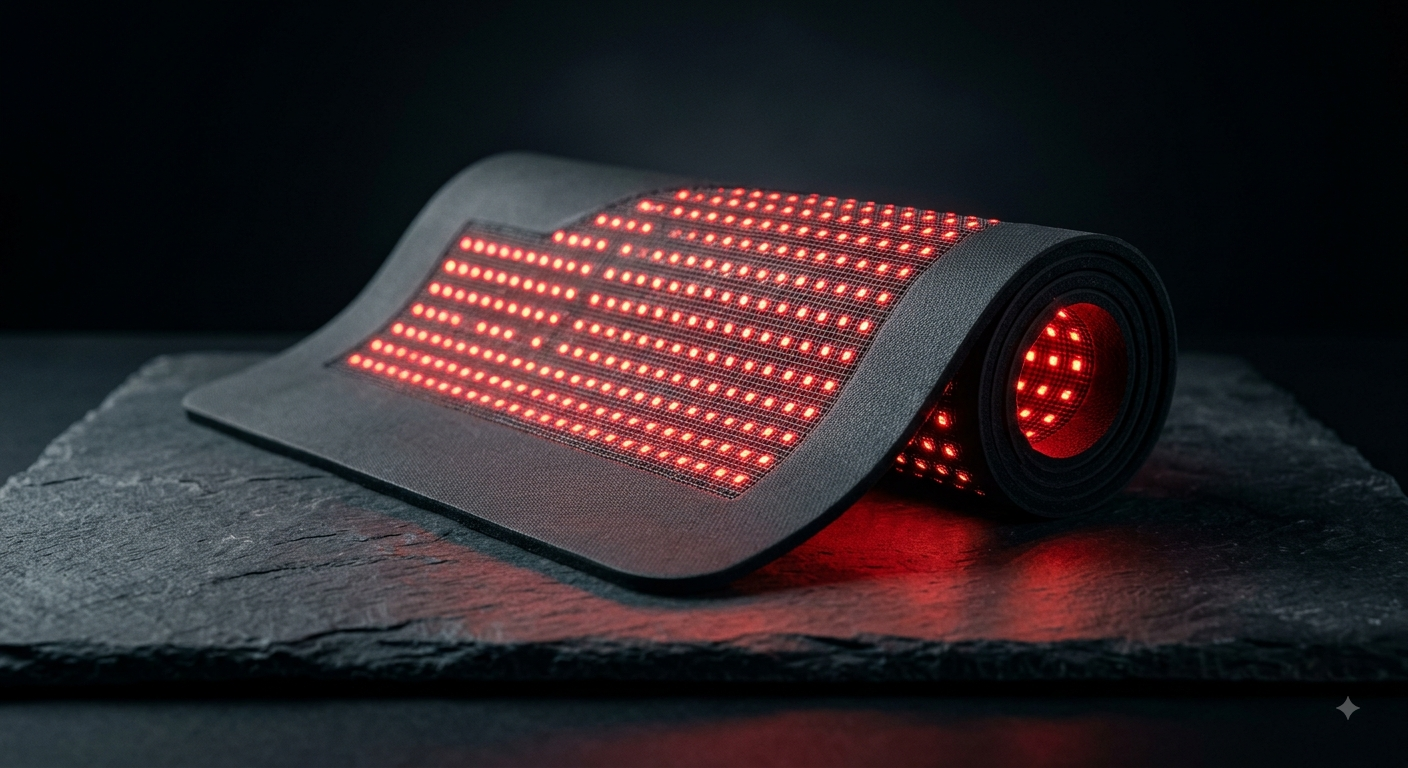 Partially rolled red light therapy mat on a stone surface