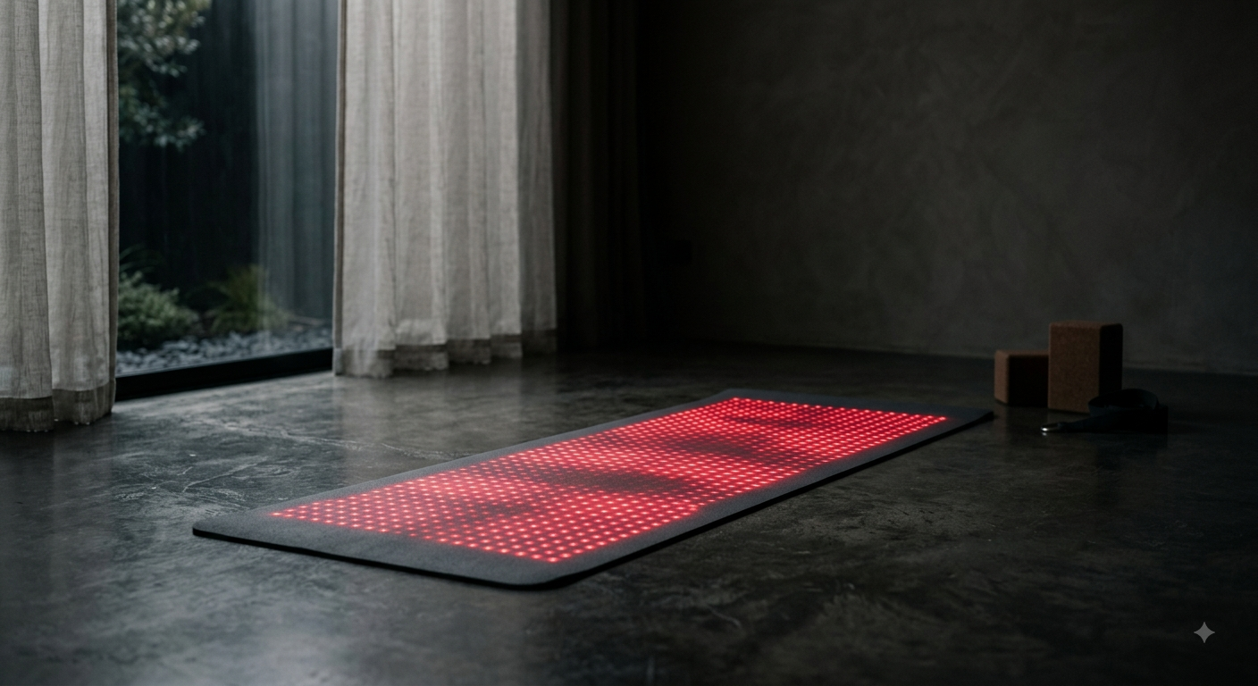 Red light therapy mat in a dark interior
