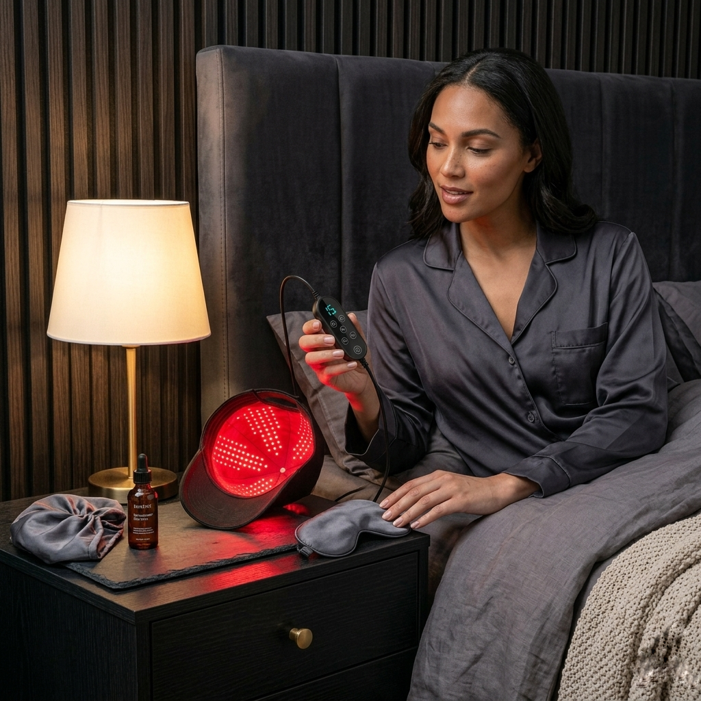 Woman exploring a red light cap in a lounge setting