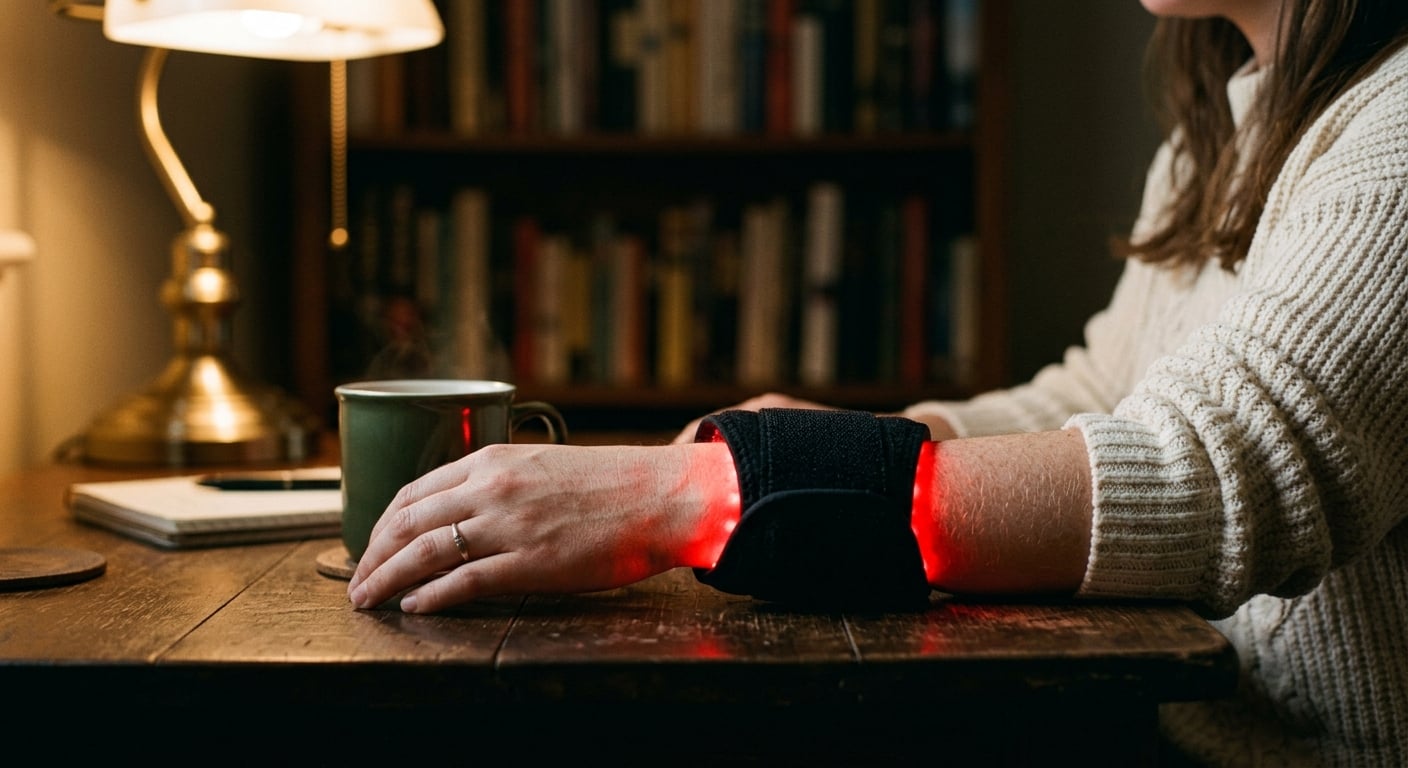 A red light therapy wrap worn around the wrist at home