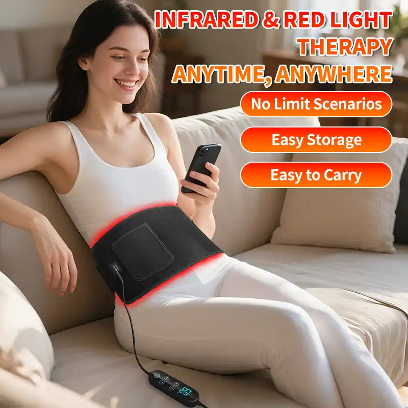 A flexible red light therapy belt 9 Diagram showing red and NIR light penetration depths through skin layers