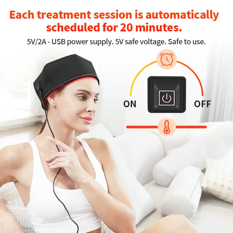 Woman using Lumetive device for treatment with timer and power button.