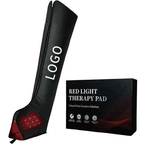 Red Light Therapy Leg & Feet Wrap – Deep-penetrating 660/850nm light for pain relief, swelling reduction, circulation improvement, and skin rejuvenation 2 Red light therapy device with logo and therapy pad for pain relief.