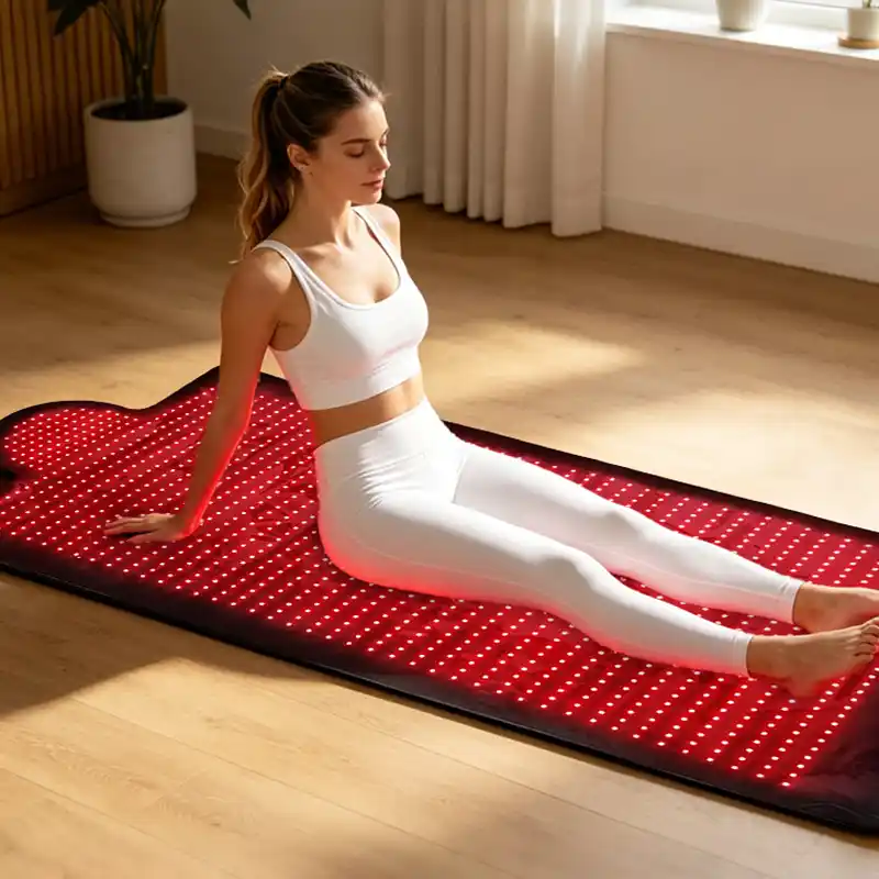 A woman relaxing on a 172cm full body infrared light therapy mat with a close-up showing the waterproof TPU surface.