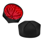 Black round red light therapy cap displaying interior LED light diodes and a bright red light projection.