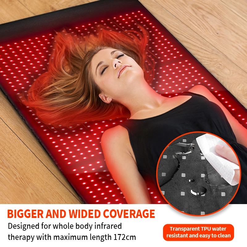 A woman relaxing on a 172cm full body infrared light therapy mat with a close-up showing the waterproof TPU surface.
