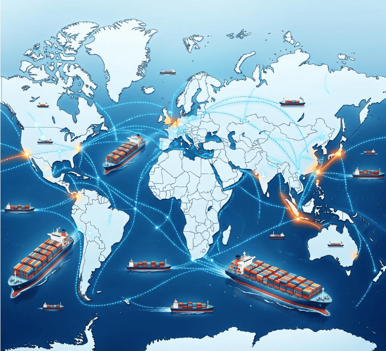 World map showing global shipping routes and cargo ships.