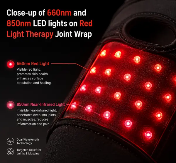 Close-up of 660nm and 850nm LED lights on Red Light Therapy Joint Wrap