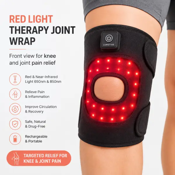 Red Light Therapy Joint Wrap front view with glowing 660nm and 850nm LED lights