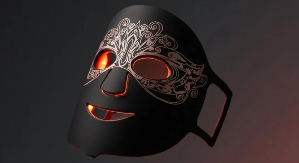 Black red light therapy face mask with LED lights for facial skincare treatment