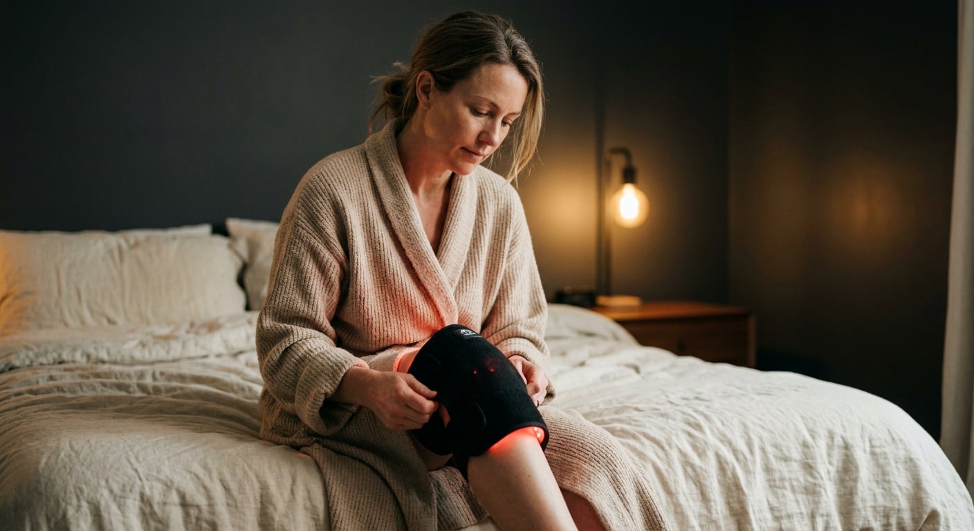 Wearable knee wrap · 56 LEDs 2 Lifestyle illustration of a seated person adjusting a knee wrap at home