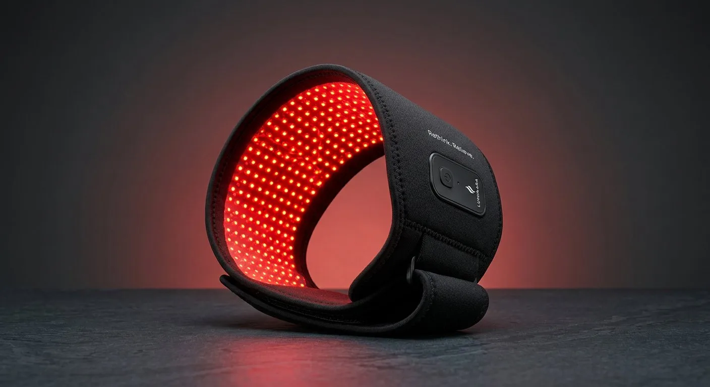 Black red light therapy belt with LED lights for body skincare and wellness treatment