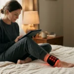 Woman using a red light therapy ankle wrap at home on the bed