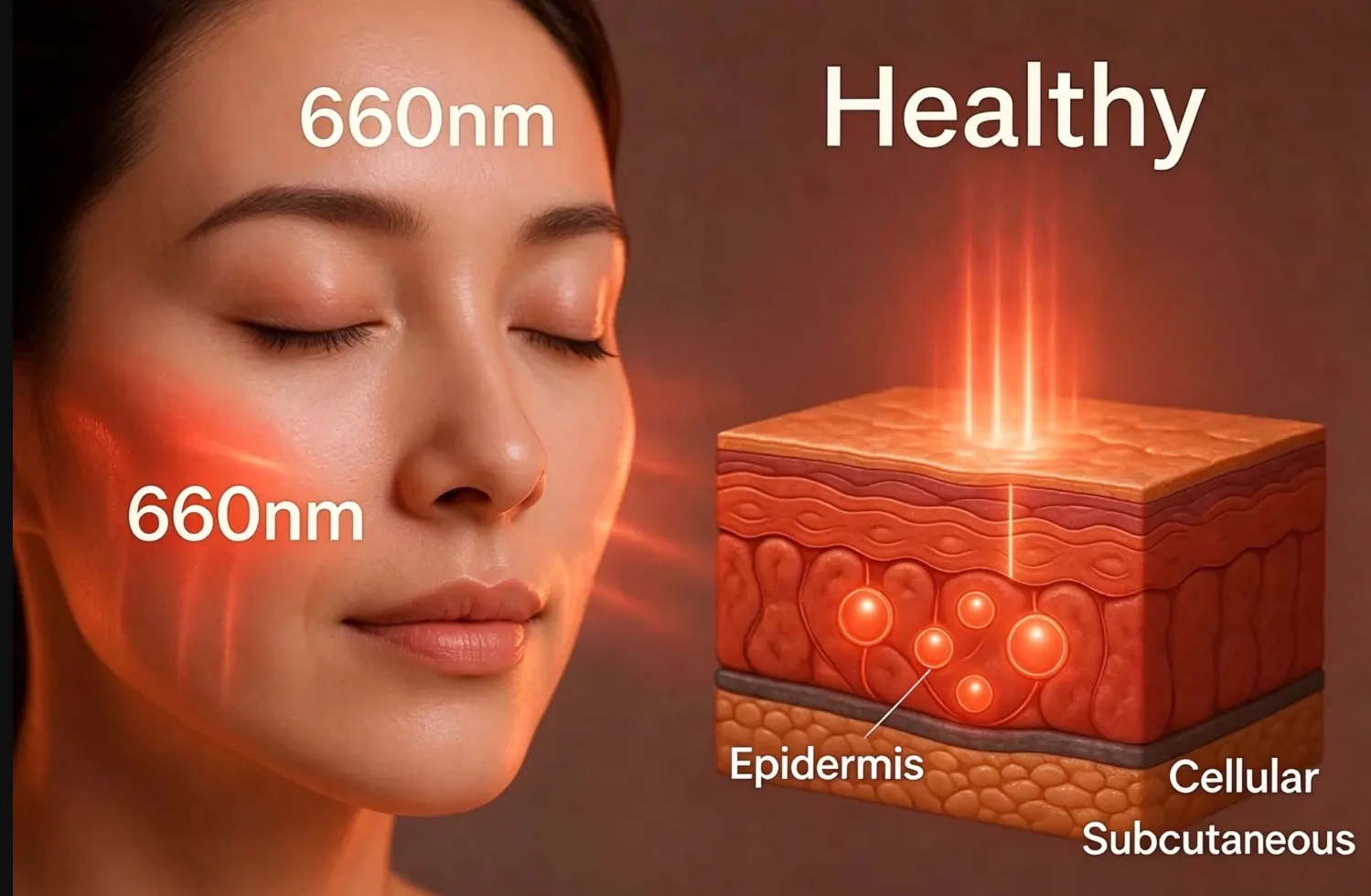 What is the difference between 660 nm and 850 nm red light 2 660nm visible red light used in skin-focused devices, shown on the face and a skin cross-section
