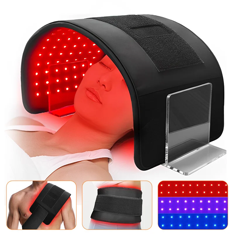 Tricolor red light therapy belt with 168 LEDs on an acrylic stand