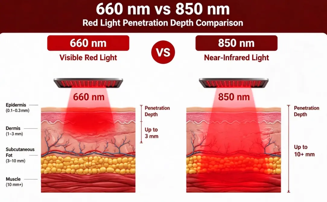 What is the difference between 660 nm and 850 nm red light 1 660nm vs 850nm red light penetration depth comparison: visible red light absorbed in the skin, near-infrared light reaching deeper tissue
